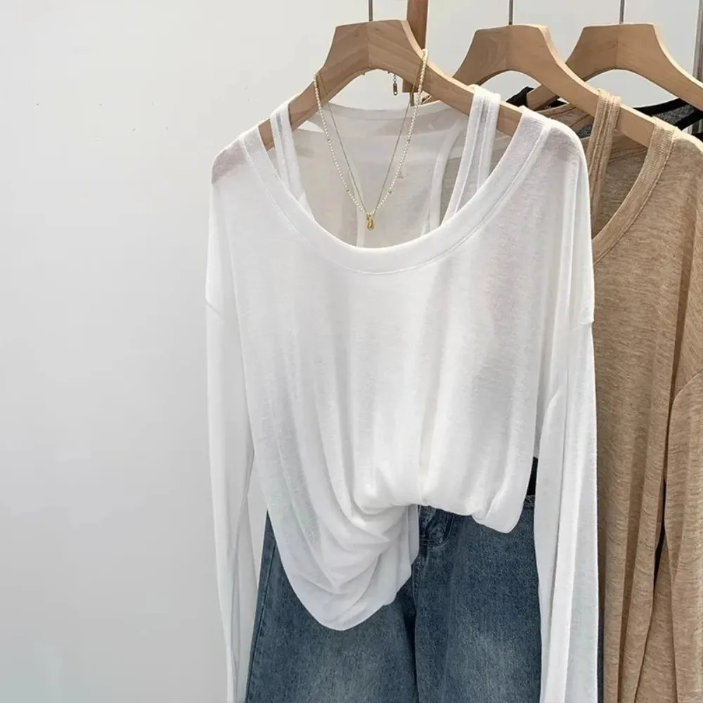 New Loose Fit Long Sleeve Tops Set Casual Sun Protective Two Piece Set Thin Sun Protection Cover Up Women