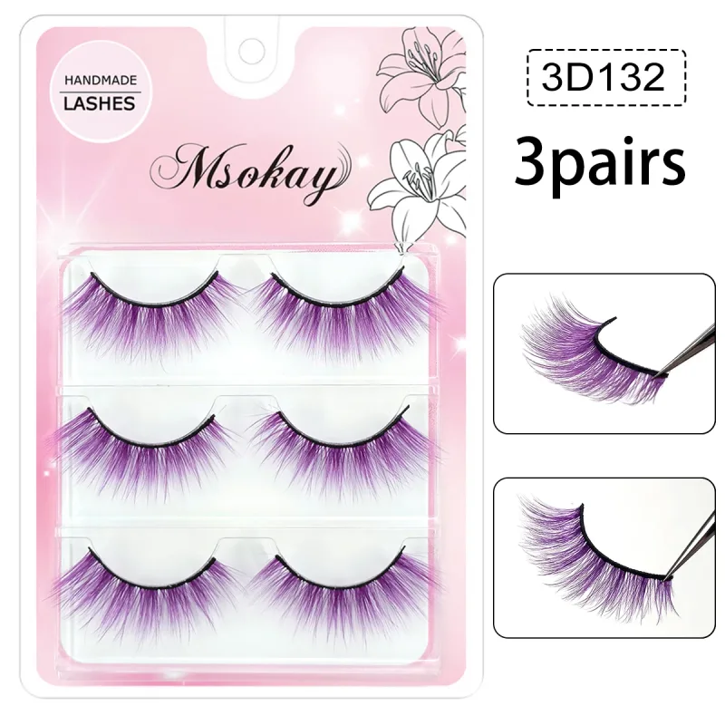 3 Pairs Rainbow Colored Eyelashes Brown Cosplay False Eyelashes Blonde Makeup Eye Lashes Colorful Blue Halloween Vegan Cilias