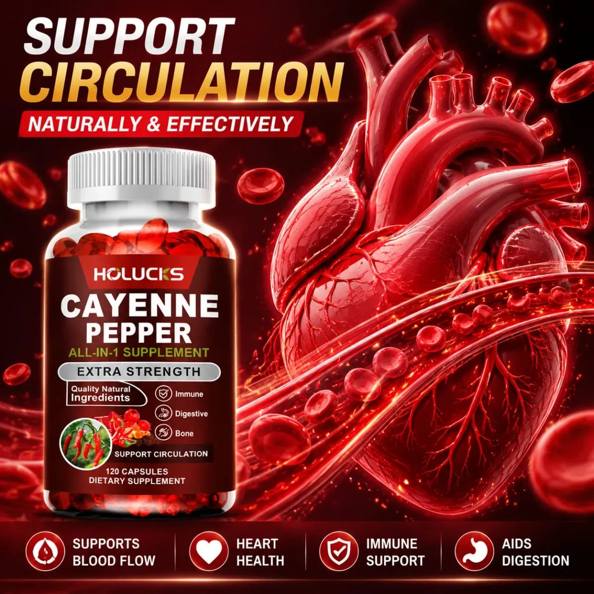 Cayenne Pepper Capsules with Vitamin D3 K2 Blood Circulation Promote Digestion Boost Metabolism Support Joint Bone Health — image 4