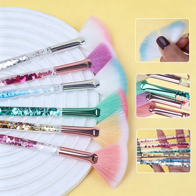 5pcs Fan Makeup Brush Glitter Transparent Handle Soft Fluffy Bristle Highlighter Blush Powder Brushes Face Cosmetic Beauty Tool