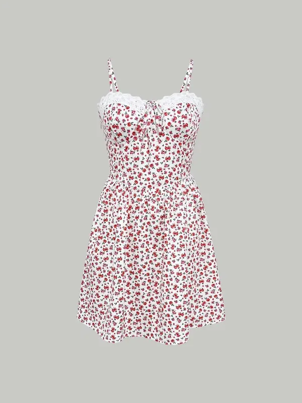 Mini Dress Spring Summer Women Floral Print Lace Trim Spaghetti Strap Flared Casual Romantic Date Vacation Beach Dress