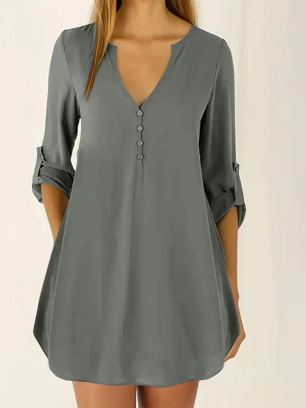 Women Casual V Neck Loose Mini Dress Elegant Button Down 3/4 Roll-Up Sleeve Khaki Solid Color Plain Shirt Dresses