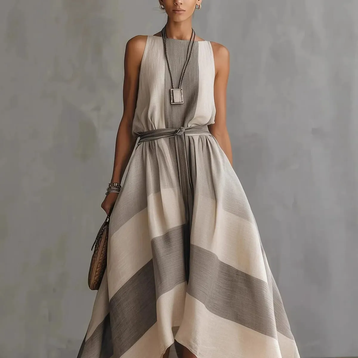 Summer New Irregular Maxi Dresses Women's Fashion O Neck Striped Sleeveless Big Hem Dress Casual Solid Loose Party Beach Dress — image 2