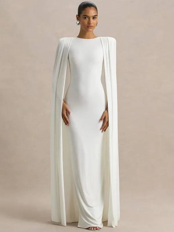Mozision Cape Sleeve Sexy Maxi Dress Women Gown Elegant Fashion Zipper O Neck High Waist Split Club Party Long Dresses Female