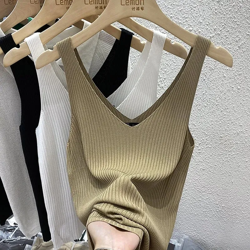 Zjaiss 2026 Summer Fashion Women Camisole Ice Silk Knit Tank Top Slim Fit Sleeveless Base Top Solid Color V-Neck Crop Top — image 13