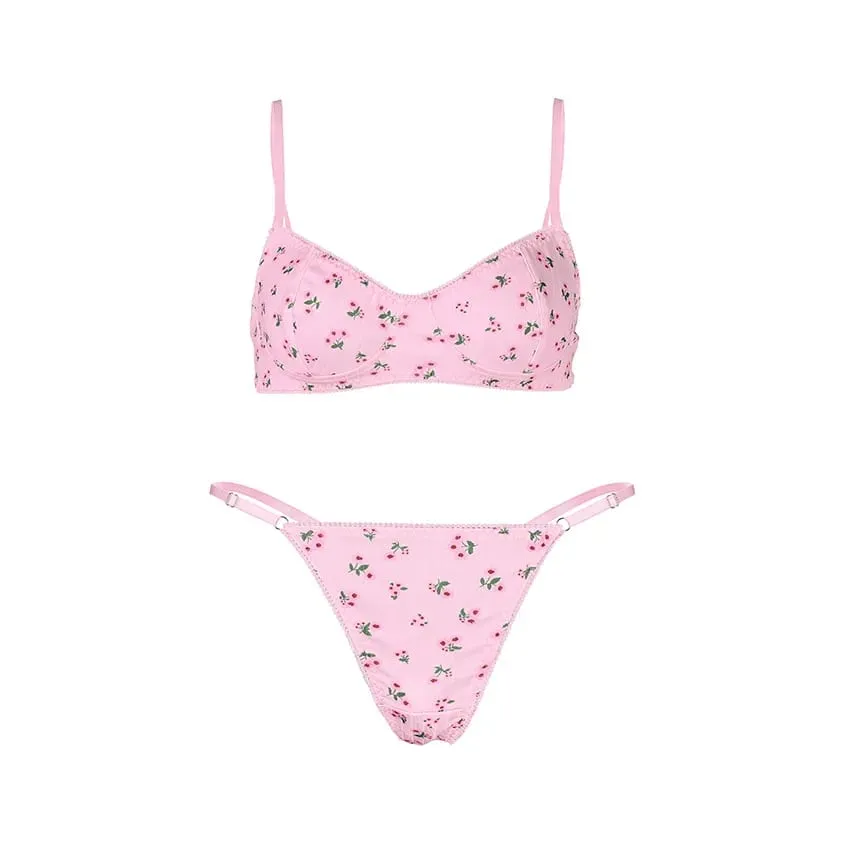 Women Cute Pink Ditsy Floral Wireless Bra Thong Set Adjustable Thin Spaghetti Straps Soft Daily Sleep Home Underwear Lingerie — image 2