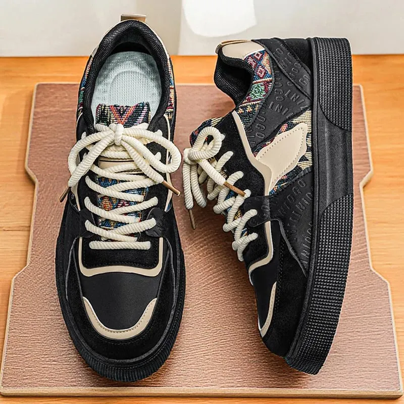 Men's Vintage Patchwork Platform Sneakers - Ethnic Tribal Print Low-Top Casual Shoes Retro Fashion Walking Sneakers for Men — image 4