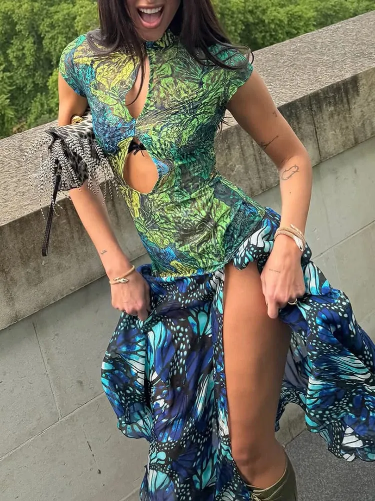 Jungle Butterfly Print Midi Dress Mandarin Collar Cutout Waist High Slit Dress 2026 Summer Festival Night Out Wear Women Vestido — image 2