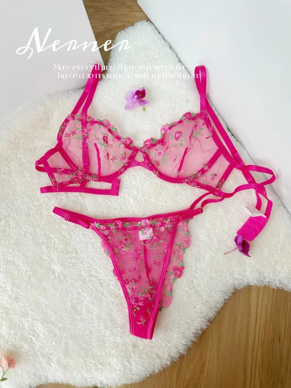 Transparent Floral Lace Embroidery Bra Set Summer Thin Minimizer Underwear Soft Breathable Full Bust Female Home Daily Wear S-XL — image 8