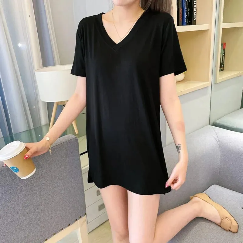 Loose Modal Short Sleeve V-Neck Midi Dress Thin Home Clothes Sleepwear Women's Base Skirt Comfortable plus Size Casual Style — image 9