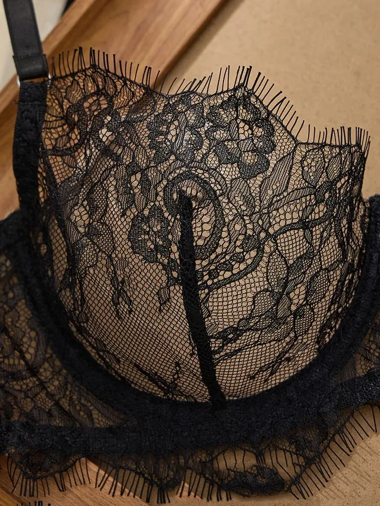 2pcs Ladies' Basic Style Thin Lace Bra And Panty Set Comfortable Seamless Single Layer Romantic Transparent Intimate Apparel