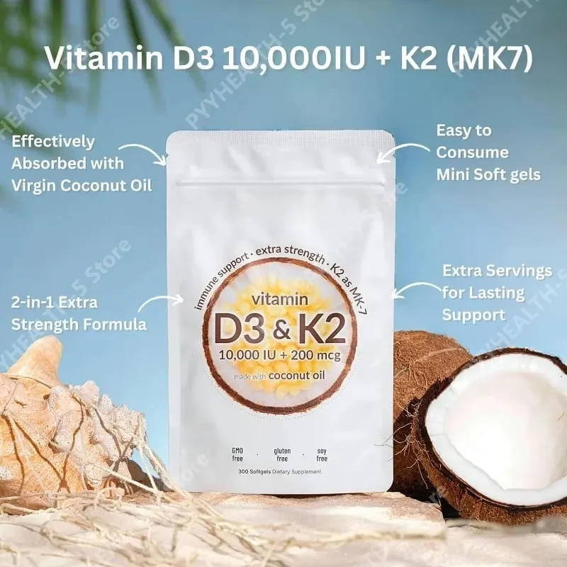 Vitamin D3 K2 Softgels D3 10000 IU + K2 MK-7 200 Mcg Softgels with Coconut Oil 2-in-1 Vitamin D & K Daily Supplement 180 Count — image 2