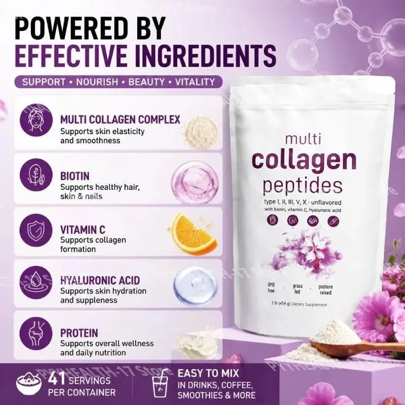 Multikolagenové peptidy v prášku Typy I II III V s biotinem, vitaminem C a kyselinou hyaluronovou pro podporu kožních nehtů pro muže, ženy — image 3