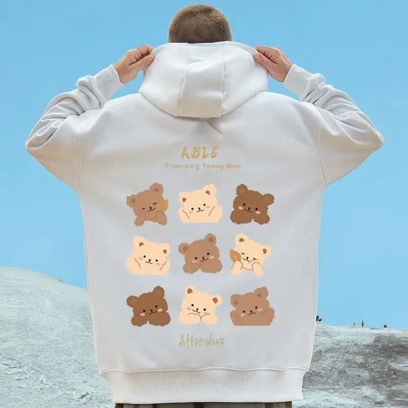 M-8XL النمط الأمريكي الشارع البني لطيف الدب طباعة المتضخم هوديي زوجين هوديي الطالب كبير لينة المخملية مقنعين سترة
