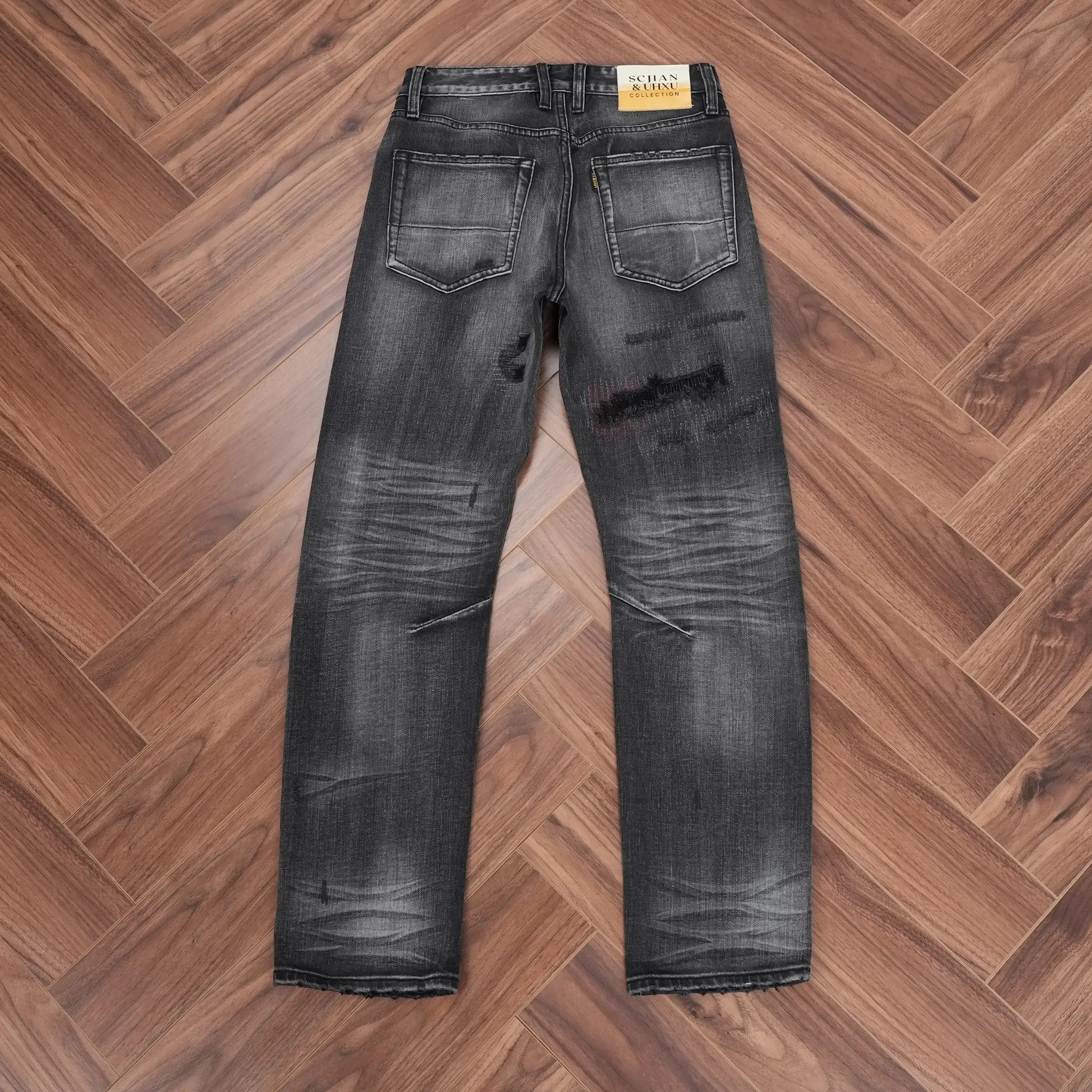 Spring Washed BlackGray Denim Jeans for Men Ripped Hole Distressed Design Regular Straight Leg Comfortable Trendy Casual Pants — image 2