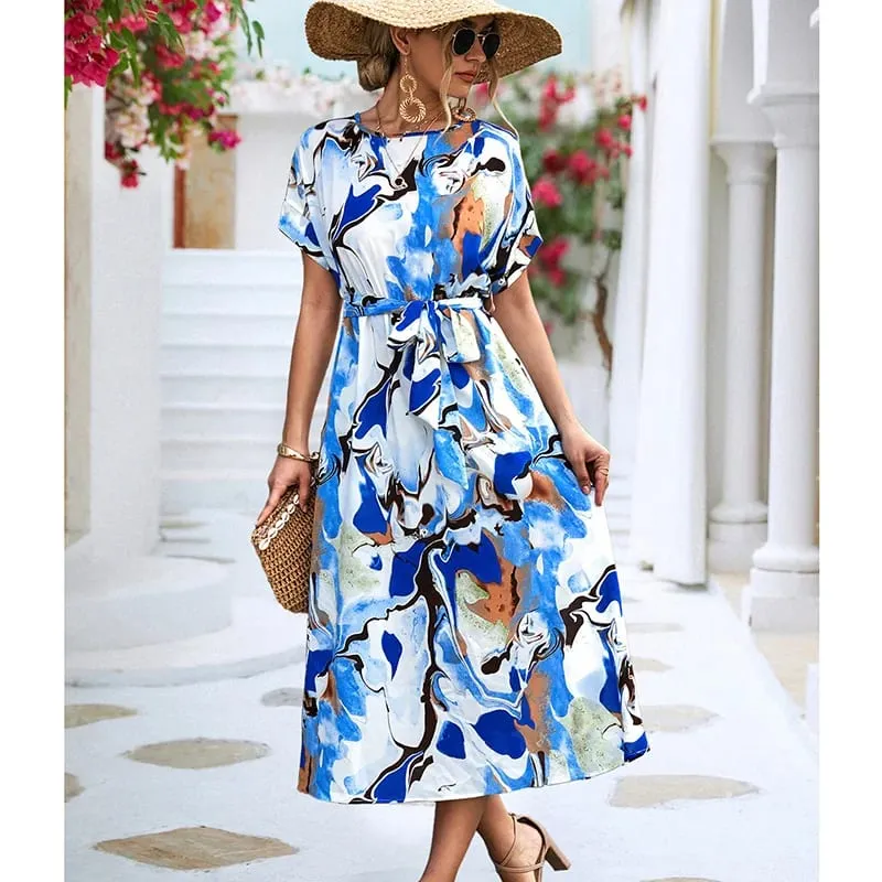 Women Long printed Dress with sashes Fashion Slim Chiffon O-neck A-line Loose Dress Elegant female holidays beach dresses