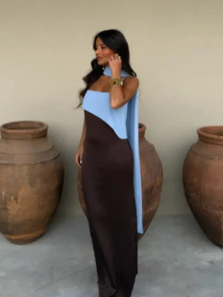 Fashion Contrasting Sling Dress Women Square Neck Sleeveless High Waist Slim Maxi Dress With Scarf 2026 Summer Lady Party Robe — image 3