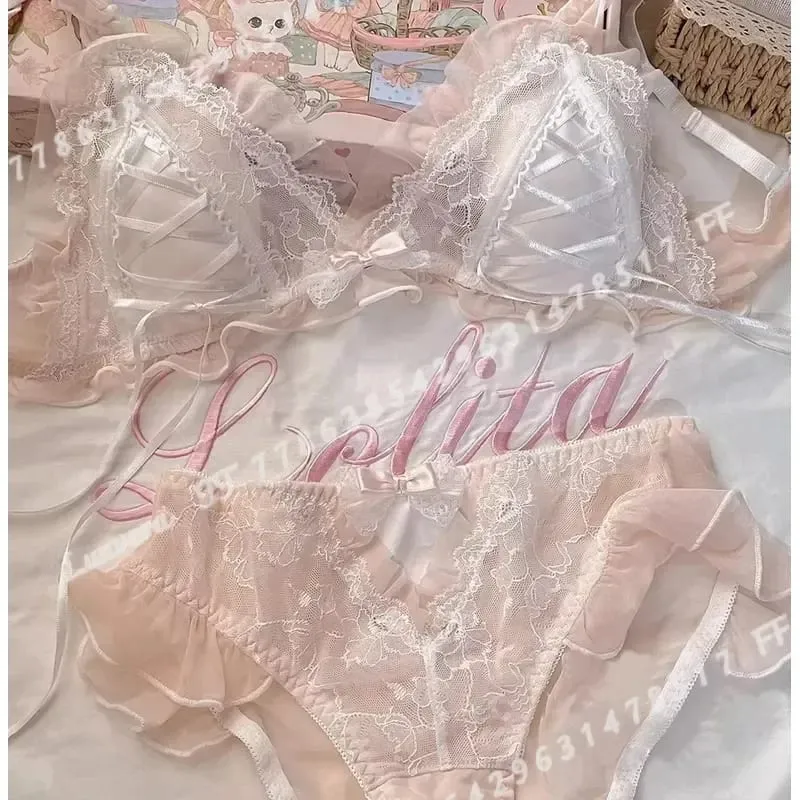 Lolita Style Thin Lace Triangle Cup Bra Set for Women Cute Small Bust Sexy Lingerie Underwear — image 1
