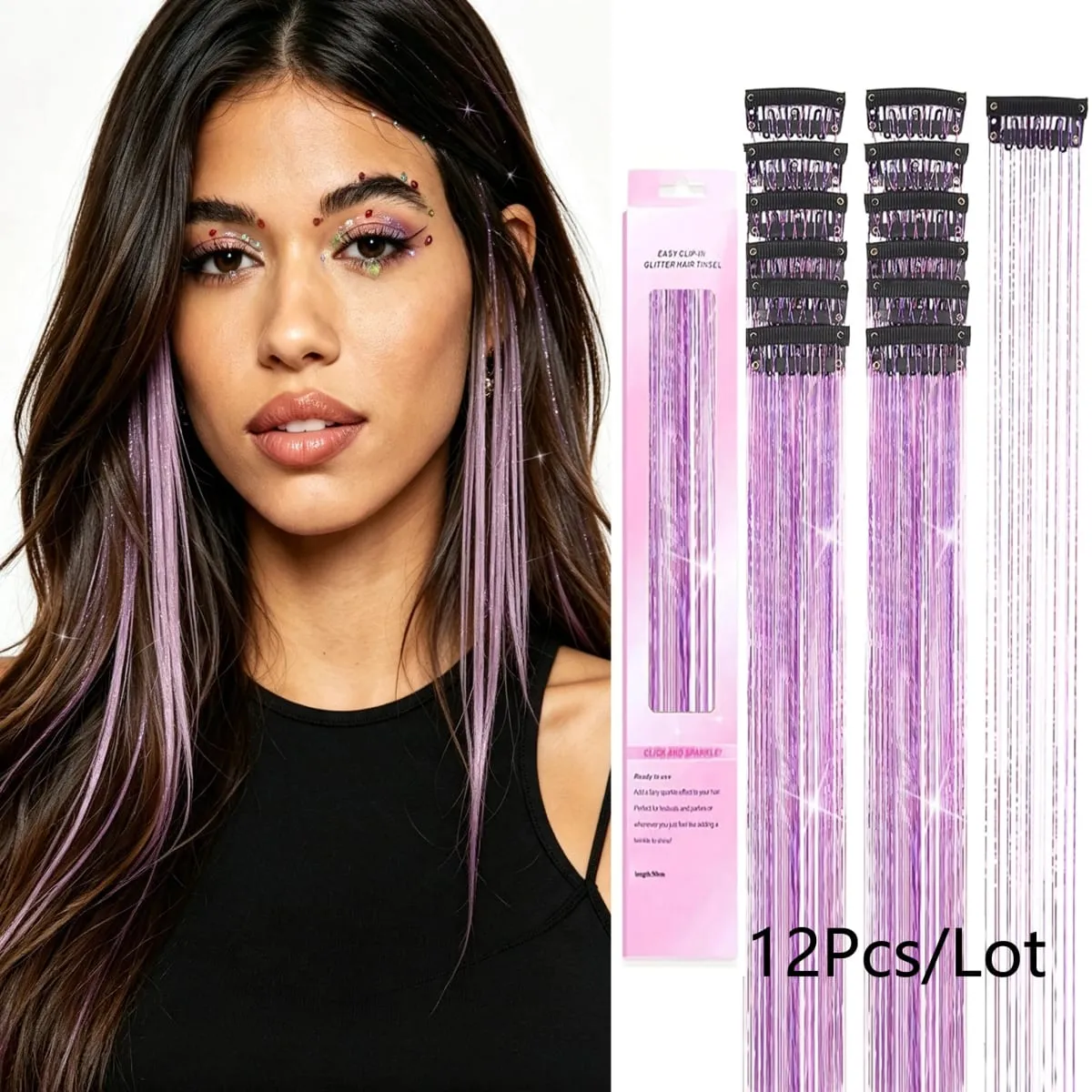 Clip in Hair Tinsel 12Pcs Purple Glitter Hair Extensions Synthetic Shiny Metallic Hair Strands Fairy Hair Tinsel Clip On Hair