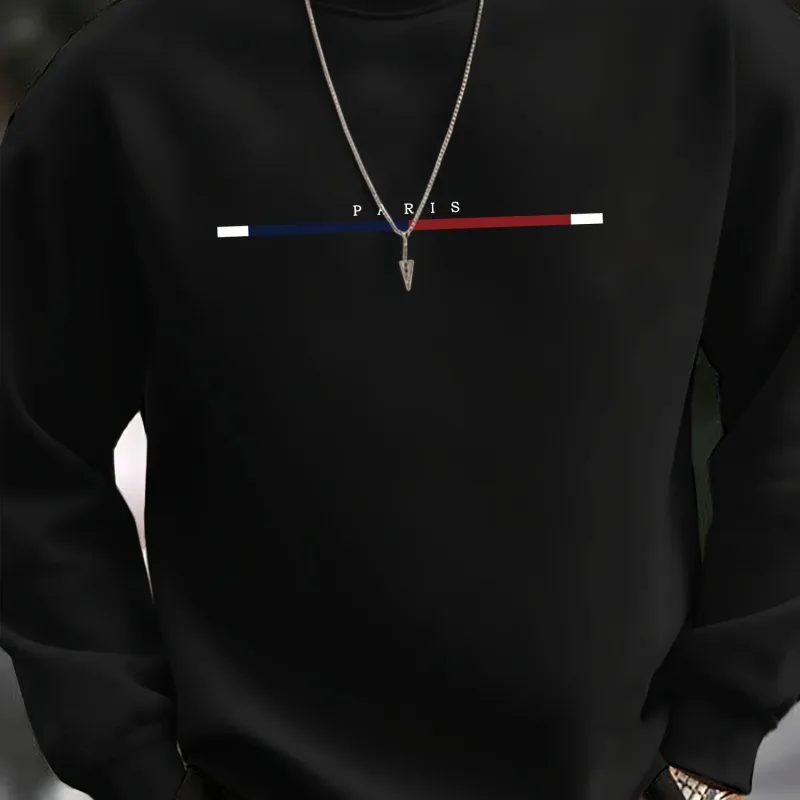 Men's autumn and winter casual sports loose oversized Paris print with fleece warm pullover round neck long sleeved sweatshirt — image 1