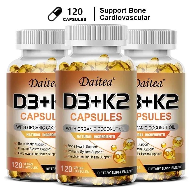 Cápsulas veganas de vitamina D3 K2 - Aceite de coco orgánico - Suplemento diario para un sistema inmunológico y huesos saludables Sin gluten ni soja