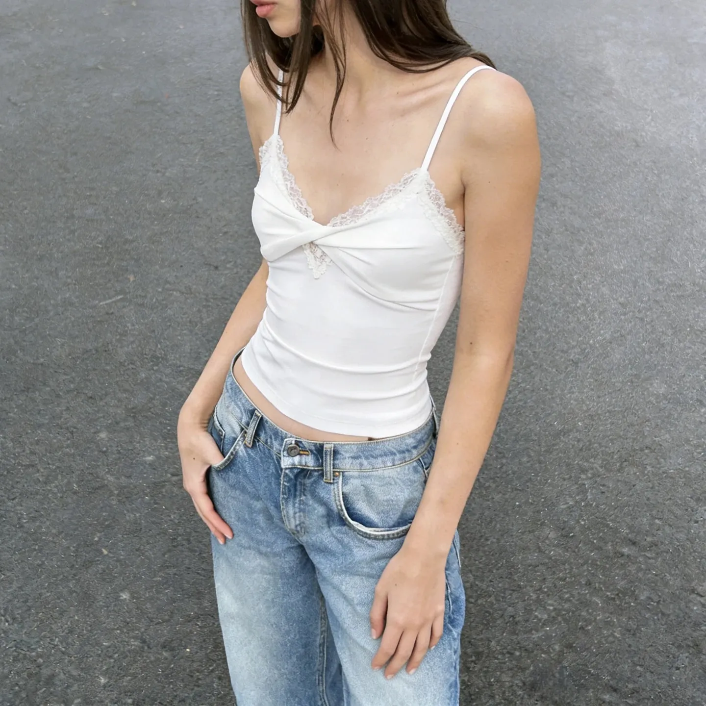 Coquette Lace V Neck Twist Front Cami Top Spaghetti Strap Slim Camisole Y2K Daily Sleeveless Tank Top Casual Summer New