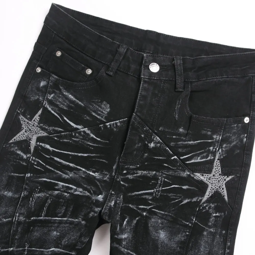 Men Crystal Stars Jeans Fashion Rhinestone Boot Cut Pants Punk Black Spliced Stretch Denim Flared Trousers — image 3