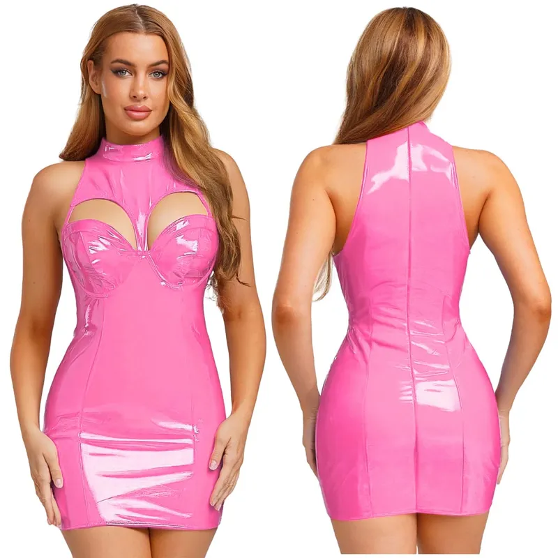 Womens Wet Look PU Leather Mini Dress Mock Neck Sleeveless Hollow-out Push-up Bra Bodycon Tube Dress Clubwear for Raves Party