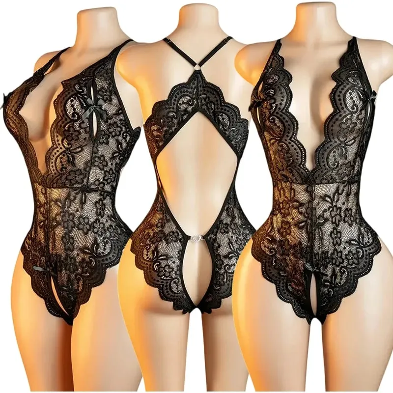 One-piece Crotchless Bodysuits Sexy Lingerie Women Exotic Costumes Sleeveless Deep V Transparent Babydoll backless Bodysuit — image 2