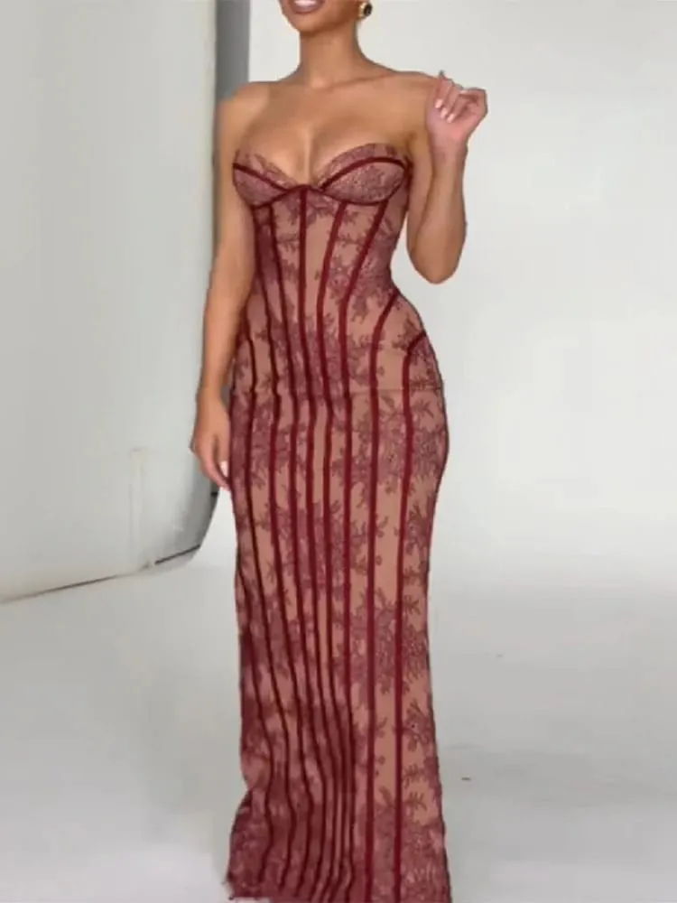 Elegant Chic Gauze Fishbone Party Gown Off-shoulder Strapless Maxi Dress Women Lace Shaping Waist Vestidos 2026 Evening Dresses