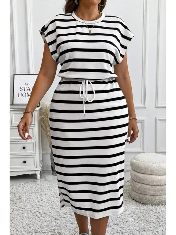 2025 Casual Striped Printed Short-sleeved Women's Dress Summer Fashion Cinched Waist Lace Up T Shirt Female Sports Dresses