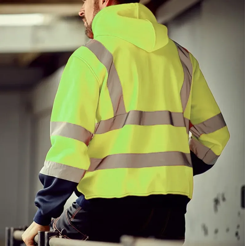Reflective Work Safety Men Hoodies Drawstring Loose Zipper Jacket Autumn Thin Fleece Hooded Pullover Coat Casual Work Sweatshirt — image 17