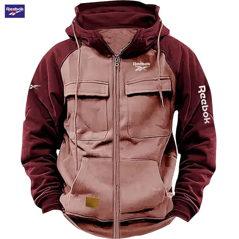 2026 Reebok New Autumn-Winter Men's Hooded Patchwork Casual Sweatshirt Loose-Fit Fashionable Youth Multi-Pocket Padded Hoodie — image 3