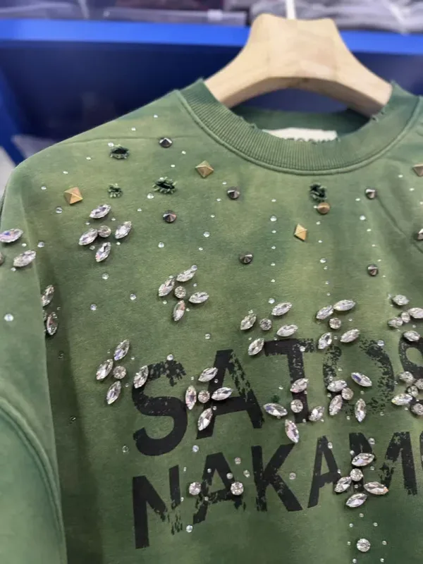 Letters Logo Rhinestone Rivet Satoshi Nakamoto Sweatshirts Men Women Streetwear Vintage Washed Charcoal Gray Green Pullovers Tag — image 17