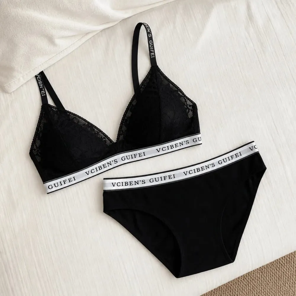 Breathable Letter Design Lingerie Set Lace Deep V Women Underwear Suit Wireless Color Blocking Bra Panties Set Girl