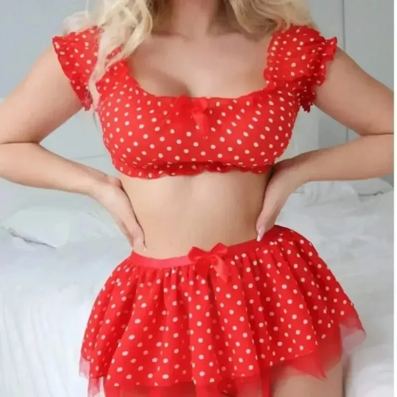 Women's Sexy Polka Dot 2 Piece Lingerie Set Off Shoulder Mesh Tulle Skirt with Garter Straps for Nightwear — image 5