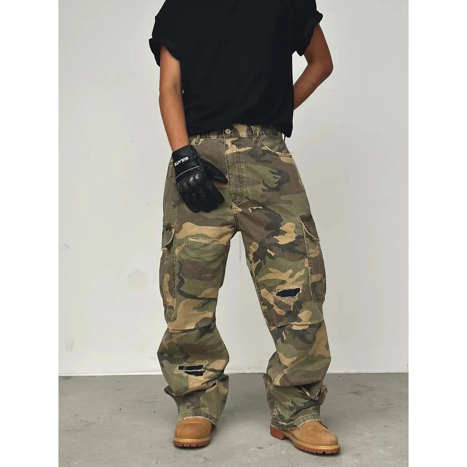 American Street Style Washed Camouflage Workwear Jeans Hole Straight Leg Spring Autumn Casual Cotton Trendy Long Pants