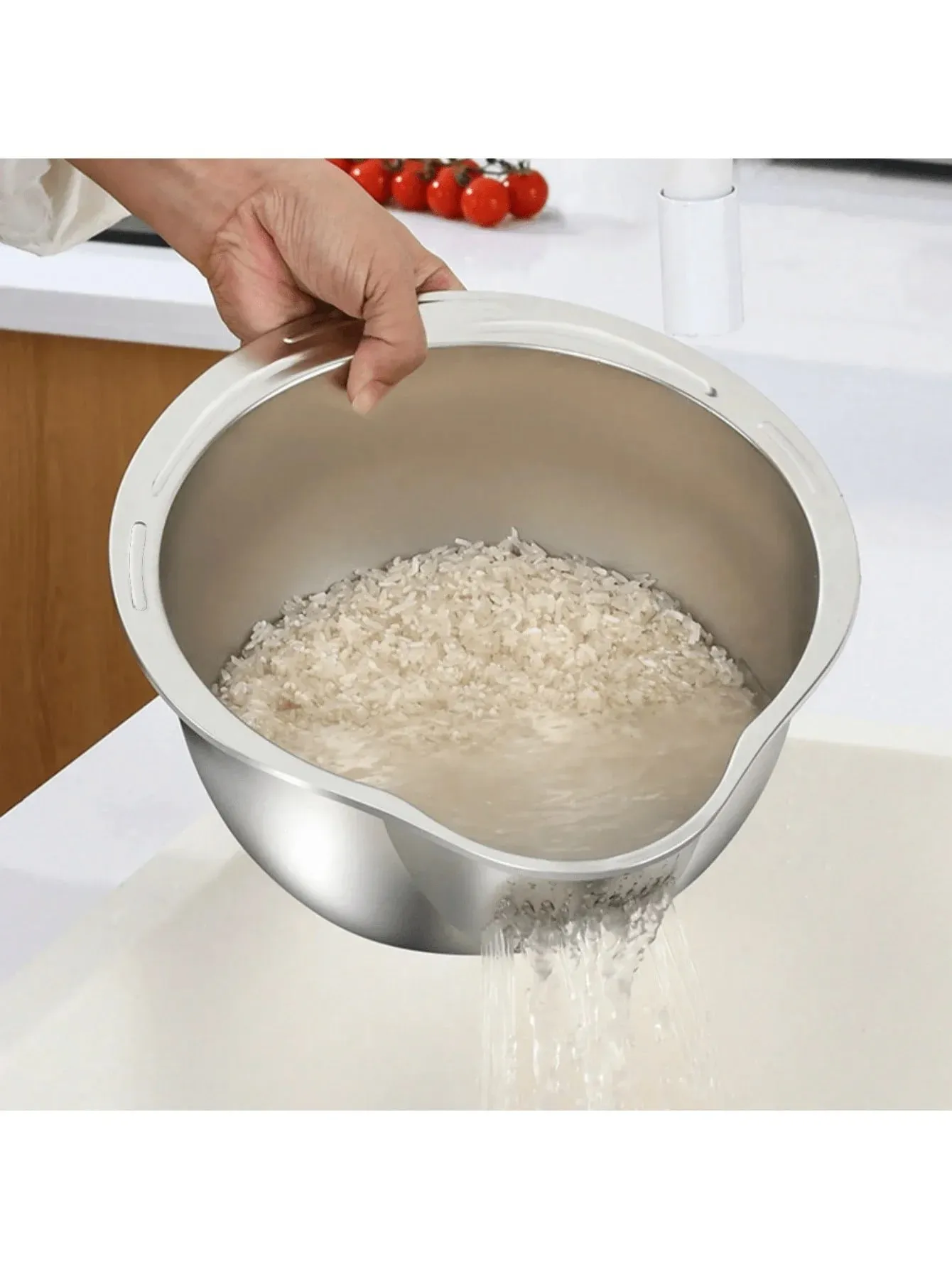 Stainless Steel Rice Washing Bowl with Drain Holes 2-in-1 Vegetable Fruit Strainer Colander Basket for Kitchen Sink