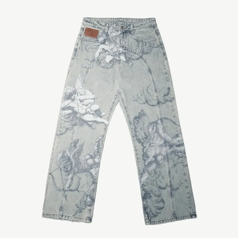 Y2k American Hip Hop Streetwear Angel Baggy Jeans Retro High Street Cupids Arrow Men Women Pants Unisex Casual Straight Jeans — image 3