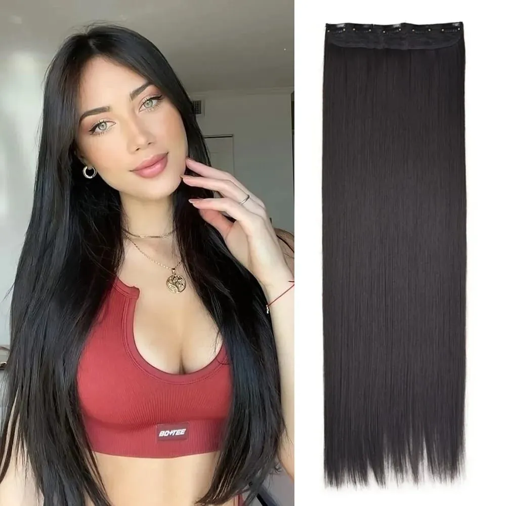 Super Long 32inch 80cm Extra Long Straight Hair One Piece 5 Clips Clip In Synthetic Hair Extension for Women Black Brown Color — image 2