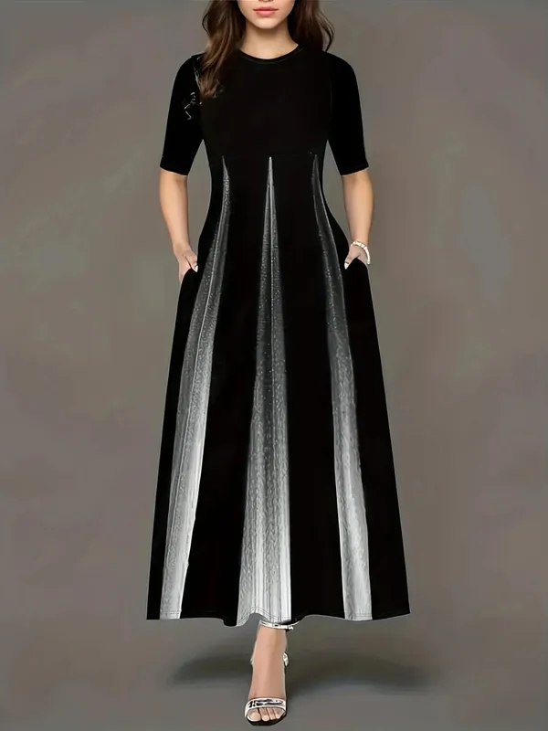 Summer new gradient vertical print dress with round neck loose sleeves slimming temperament long skirt — image 2