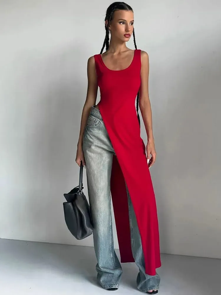 Sexy sleeveless side high slit dress solid color back free women's MIDI dress summer party club streetwear y2k
