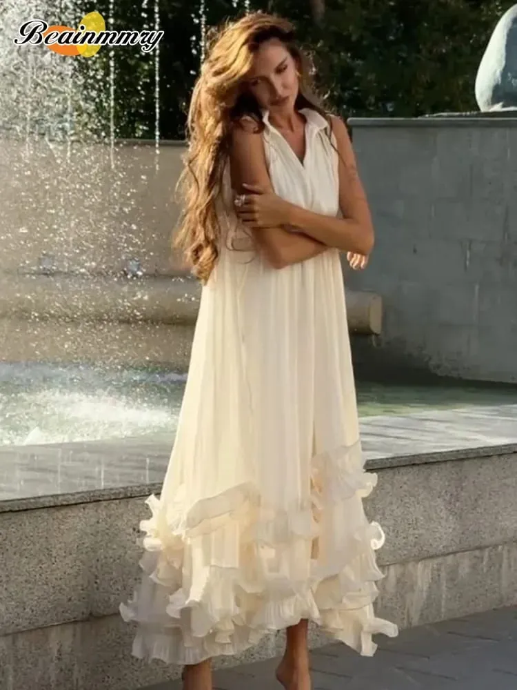 Ruffle Solid Maxi Dress Women Fashion Lapel V-neck Sleeveless Pleated High Waist Dresses 2026 Summer Lady Chic Vacation Robes — image 2