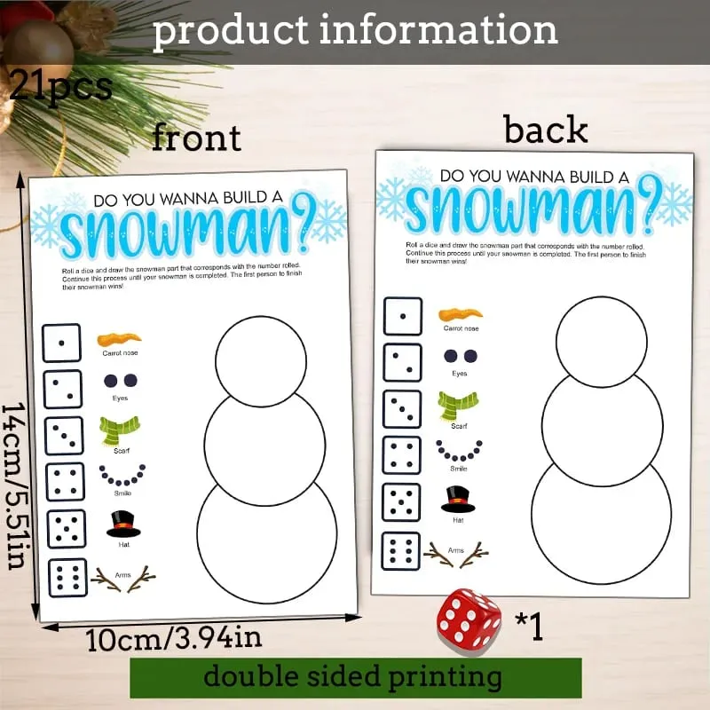 21pcs Christmas Roll a Snowman Game Cards Dice Rolling Game Set Snowman Drawing Game Family Party and Holiday Party Game