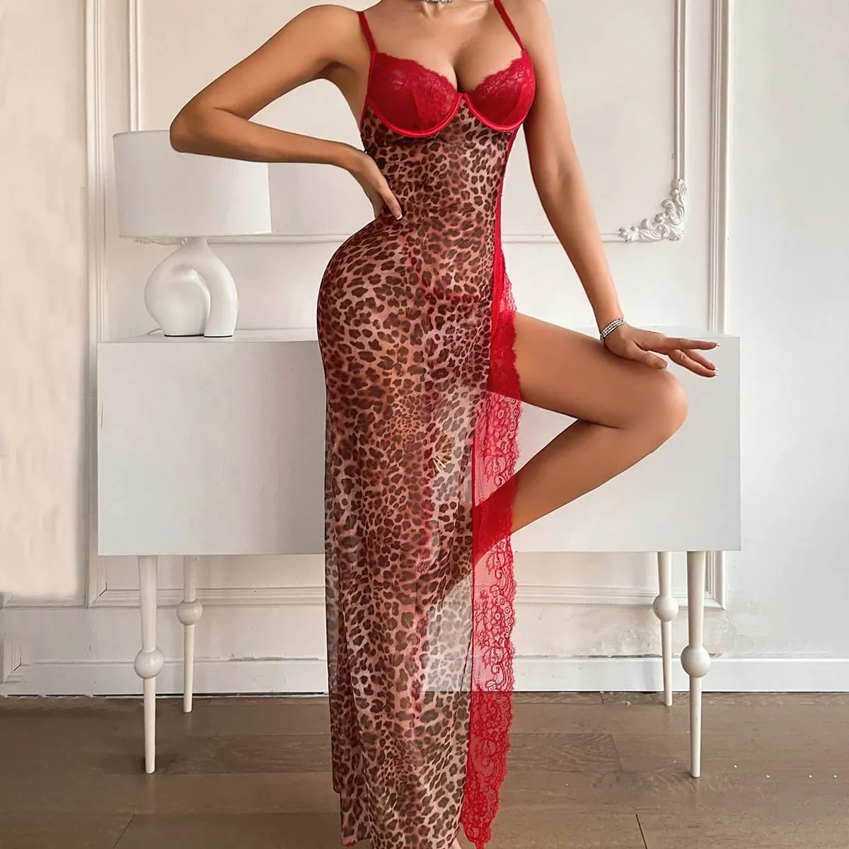 European and American Cross border 2026 Fashion High slit Strap Splicing Leopard Pattern Perspective Lace Sleeping Skirt Set — image 5