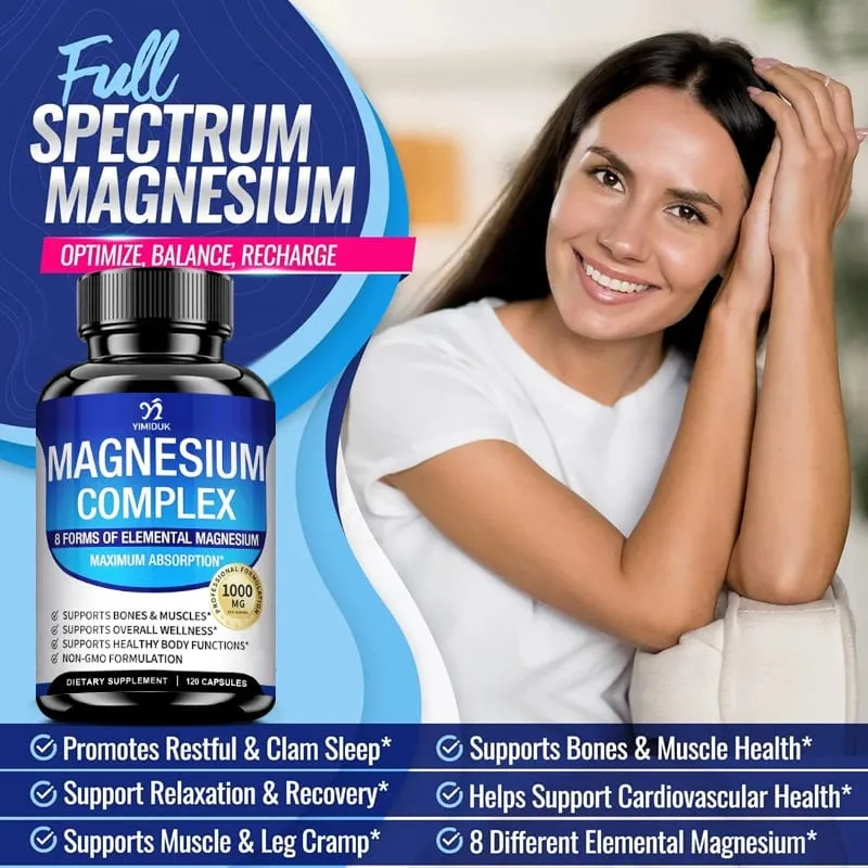 Magnesium Complex Supplement 1000mg -Magnesium Glycinate Citrate Malate Taurate Chelated for Bones Muscle Recovery Energy
