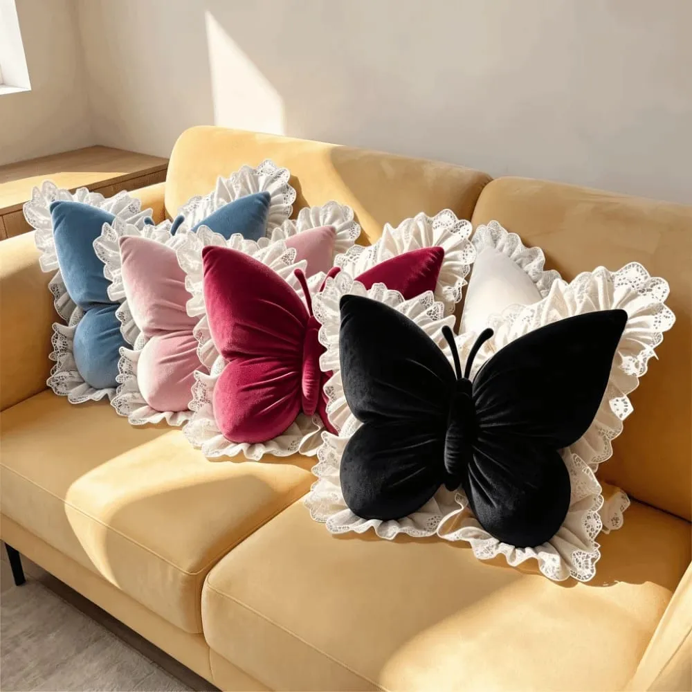 Elegant Velvet Butterfly Pillow Soft Lace Trim Bow Cushion New Cute Bow Throw Pillow Office — image 6