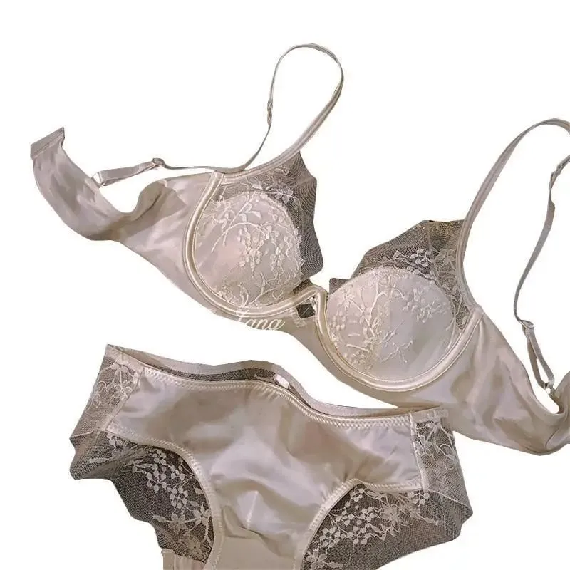 Lace Satin Lingerie Set for Summer Small Chest Gathering Soft Steel Ring Support Anti Sagging Bra Underwear Two-Piece Set — image 5