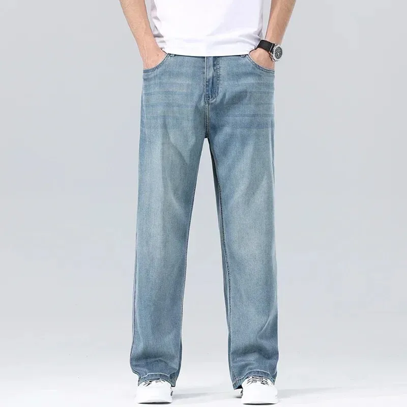 Men's Loose Jeans Summer Fashion Drape Soft Fabric Ultra Thin Pants Wide Legs Ice Silk Lyocell Business Straight Denim Trousers — image 11
