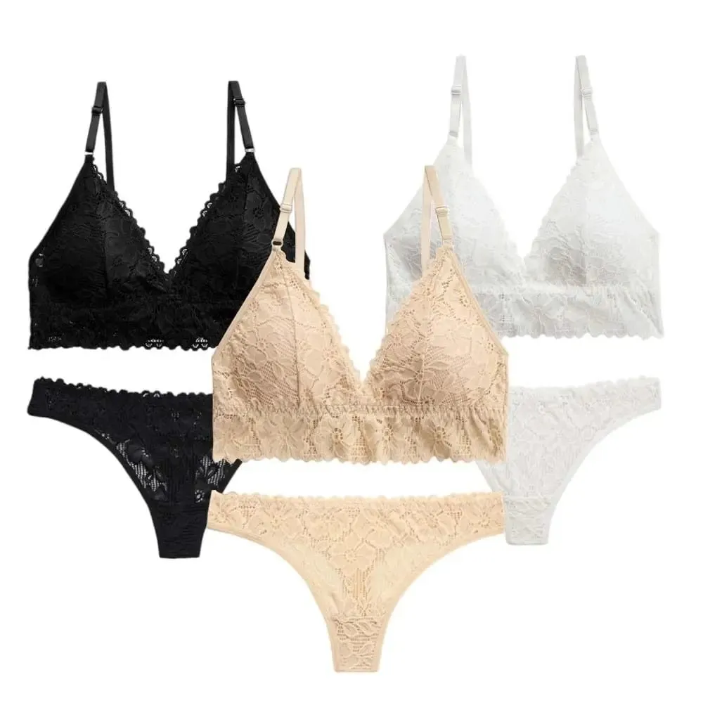 Floral Panties Bra Kit Lace Flower Thong Bra Set Low Waist Lingerie Romantic Night Gift Ladies V Neck Underwear for Women — image 2